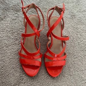 J Crew Orange Patent sandals with wedge heel.Size 7.